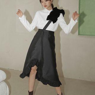 Plain Shirt / Asymmetrical One-shoulder Midi Overall Dress