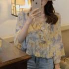 3/4-sleeve Floral Print Ruffled Blouse