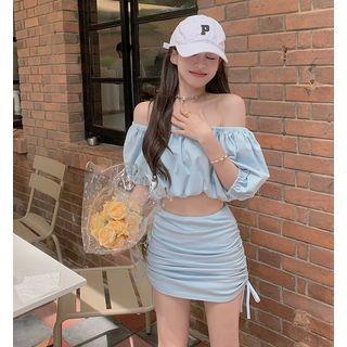 Short-sleeve Off-shoulder Top / Drawstring Mini Skirt