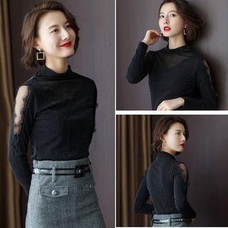 Sheer Panel Long-sleeve Glitter Top