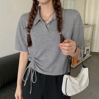 Drawstring Collared Short-sleeve T-shirt Gray - One Size