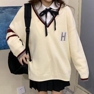 Contrast Trim Sweater / Ribbon Buttoned Blouse