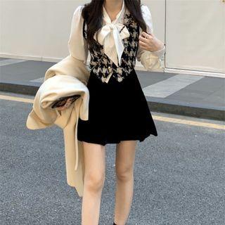 Long Sleeve Tie-neck Shirt / Tweed Vest / Velvet Mini Skirt