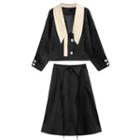 Set: Collar Jacket + Midi A-line Skirt Set Of 2 - Jacket & Skirt - Black - One Size