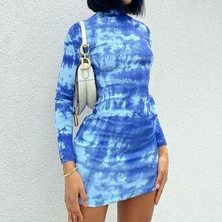 Long-sleeve Tie-dye Knit Mini Bodycon Dress