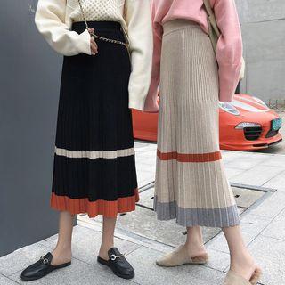Accordion Pleat Striped Panel Midi Knit Skirt