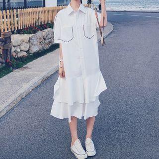 Short-sleeve Layered Midi A-line Shirtdress