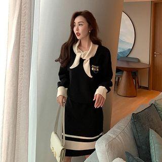 Set: Contrast Trim Collared Sweater + Striped Knit Skirt