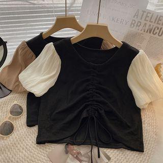 Puff-sleeve Mock Two-piece Drawstring Top