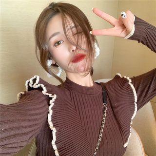 Color-block Ruffle Long-sleeve Slim-fit Knit Top