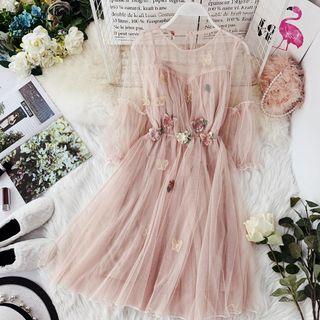Elbow-sleeve Flower-accent A-line Mesh Dress