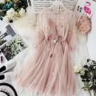 Elbow-sleeve Flower-accent A-line Mesh Dress