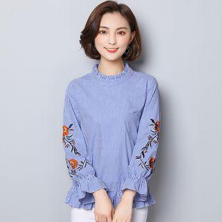 Long-sleeve Striped Floral Embroidery Top