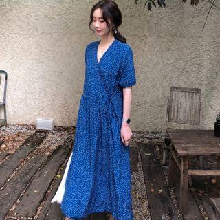 Dotted Short-sleeve Midi A-line Dress Blue - One Size