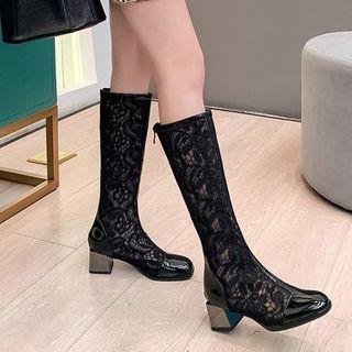Lace Block Heel Knee High Boots