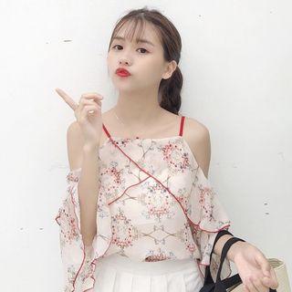 Ruffle Trim Off-shoulder 3/4-sleeve Top