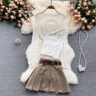 Set Of 3 : Plain Suspender Top + Long-sleeve Knit Cover-up + Accordion Pleat Skirt
