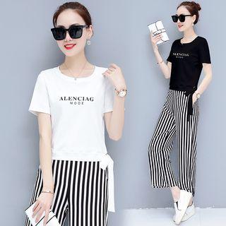 Set: Short-sleeve Lettering T-shirt + Striped Wide-leg Pants