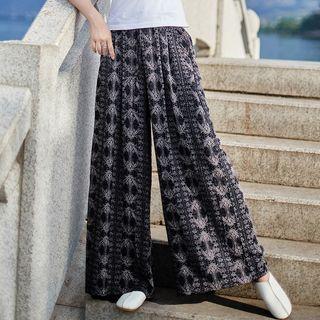 Ethnic Pattern Wide Leg Pants Blue Black - One Size