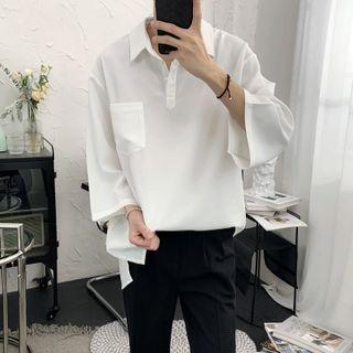 3/4-sleeve Plain Half-button Shirt