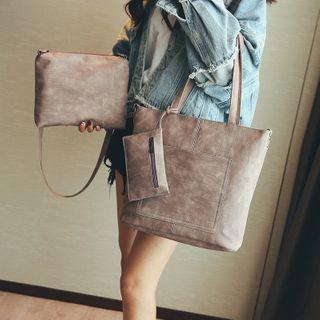 Set: Faux Leather Plain Tote Bag + Crossbody Bag + Zip Pouch