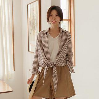 Open-front Knotted Gingham Shirt