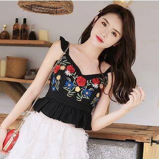 Sleeveless Frill Trim Embroidered Cropped Top