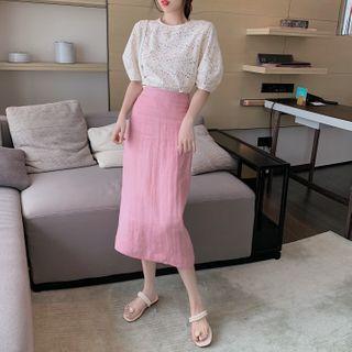 Short-sleeve Pointelle Blouse / High-waist Plain Skirt