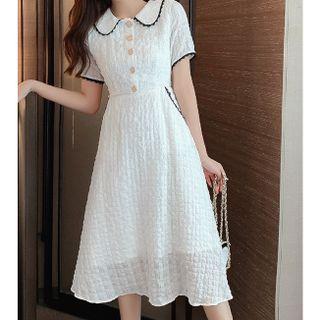 Short-sleeve Lace Trim Collared Midi A-line Dress
