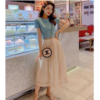 Set: Short-sleeve Crop Top + Midi Mesh Skirt