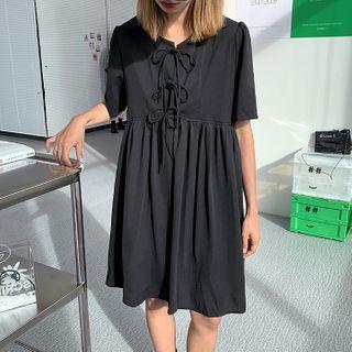 Short-sleeve Bow A-line Dress Black - One Size