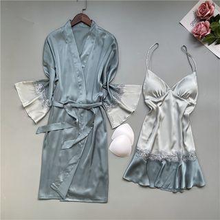 Loungewear Set : Lace Panel Suspender Sleep Dress + Robe