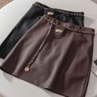 Set: Faux Leather Mini A-line Skirt + Waist Chain