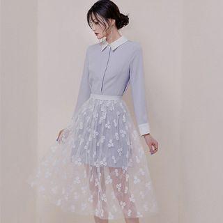Set: Long-sleeve Mini Shirtdress + Midi Mesh Skirt