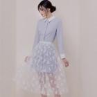 Set: Long-sleeve Mini Shirtdress + Midi Mesh Skirt