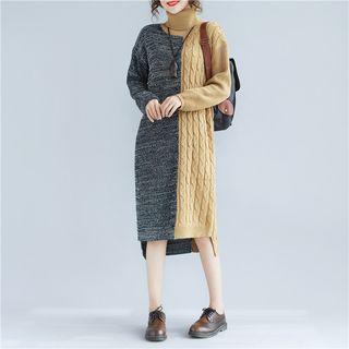 Turtleneck Cable Knit Panel Sweater Dress