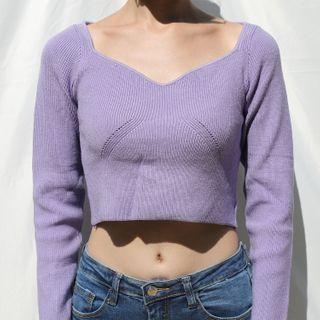 V-neck Plain Cropped Knit Top