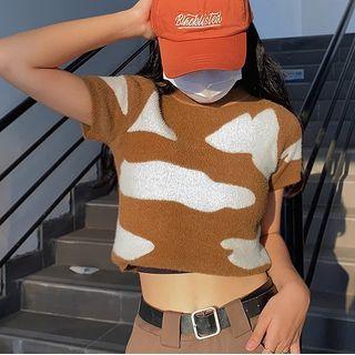Short-sleeve Print Crop Knit Top