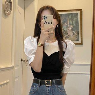 Puff-sleeve Two-tone Panel Top