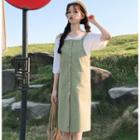 Off-shoulder Puff-sleeve Top / Button Pinafore Dress