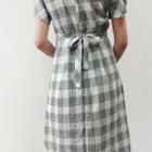 Linen Blend Tie-waist Check Midi Dress