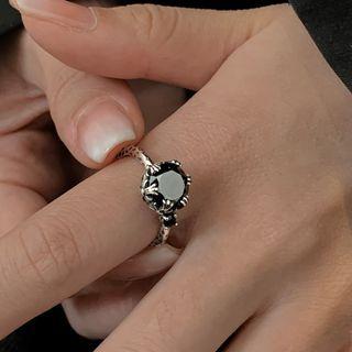 Rhinestone Open Ring Silver & Black - 12#