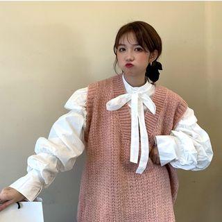 Bow Accent Lantern-sleeve Blouse / Oversize Knit Vest