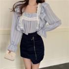 Lace Trim Ruffle Blouse / Plaid Mini Skirt / Plain Asymmetrical Pencil Skirt