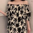 Flower Print Off-shoulder Elbow-sleeve Blouse As Shown In Figure - One Size
