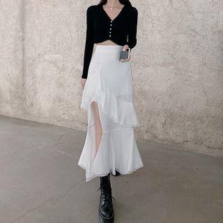 Long-sleeve Button Knit Top / Midi A-line Tiered Skirt