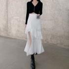 Long-sleeve Button Knit Top / Midi A-line Tiered Skirt