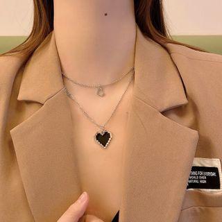 Heart Layered Necklace 1 Pc - Black Heart - Silver - One Size