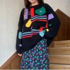 Printed Sweater Sweater - Red & Purple & Blue & Black - One Size