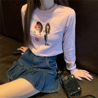 Cartoon Print Cropped T-shirt / Denim Mini A-line Skirt